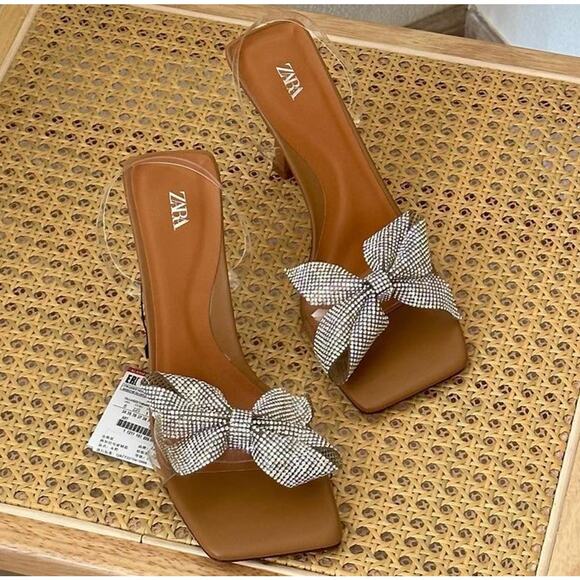 ZARA Embellished Bow Heels NWT – Vinyl Sandals with Rhinestone Detail, Sz 8 & 10 - Picture 2 of 16